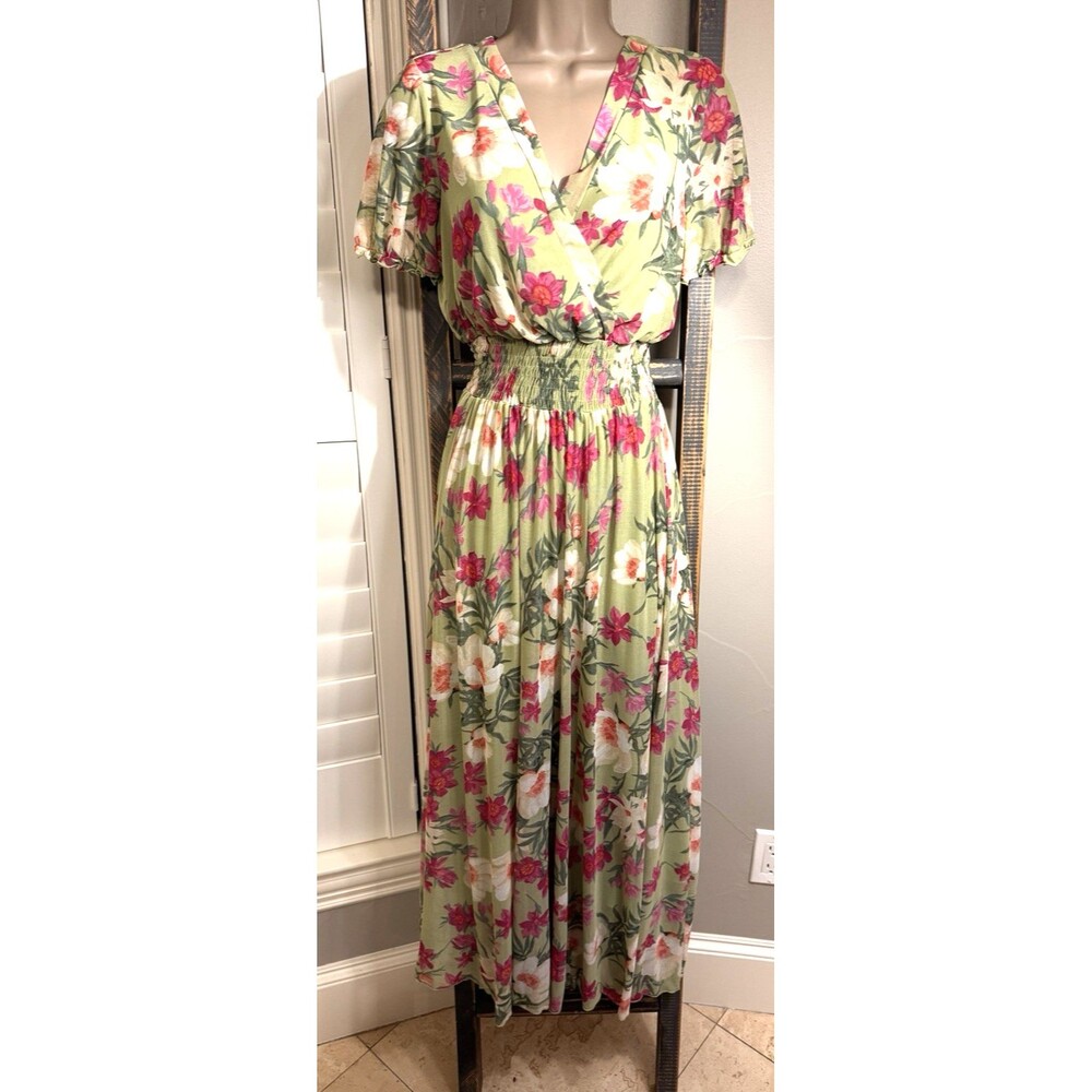 KATE AND LILY green multicolor floral flutter sleeves semi sheer  long dress 4